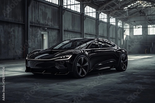 Black luxury sports car in modern industrial warehouse