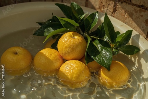 Fresh lemons with green leaves in vintage sink under sunlight