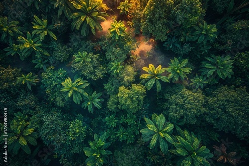 Tropical rainforest aerial view with morning sunlight and mist