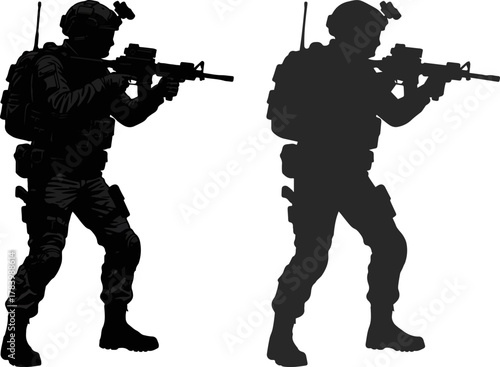  Icon of a military man in full ammunition and with an automatic rifle, an assault rifle or special forces, black silhouette.