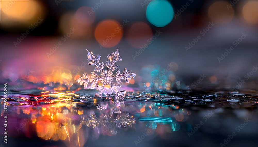 Obraz premium A delicate snowflake rests on a wet, reflective surface, catching multicolored light.