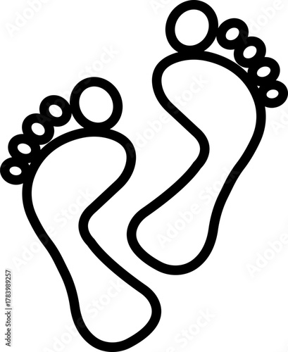 Footprint and shoe print icon in black line style, including barefoot, boot, sneaker, trail, and walking track symbols, perfect outline and silhouette vector