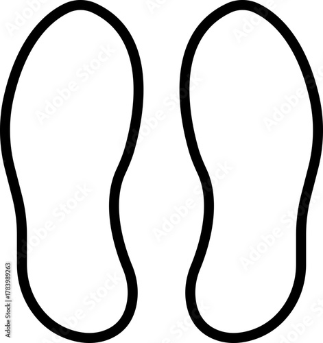 Footprint and shoe print icon in black line style, including barefoot, boot, sneaker, trail, and walking track symbols, perfect outline and silhouette vector