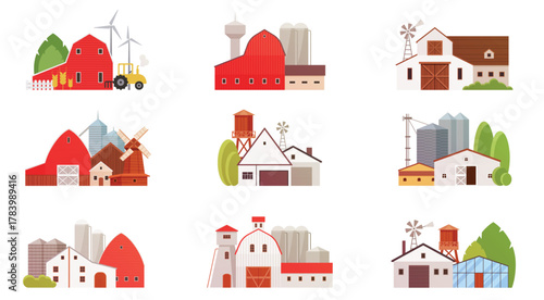 Farm buildings of agricultural complex set. Rural houses of modern village collection, factory warehouse for wheat harvest storage and distribution, barn and air turbines cartoon vector illustration