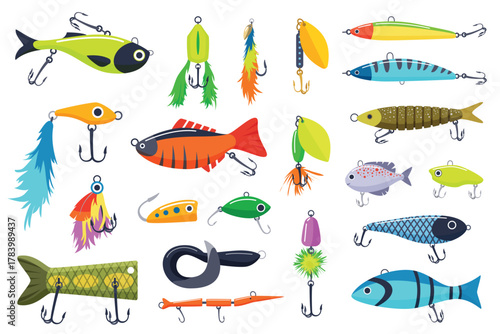Lures for catching fish of different shapes set. Collection of fisherman equipment for fishing, underwater steel hook with bait, fishers tackle element and accessory cartoon vector illustration