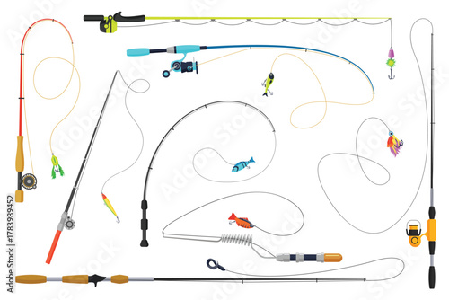Fishing rods set, angling equipment. Fisherman tackles collection of different poles with reels and baits, fishers gear to catch fish on lure in sea, lake or pond water cartoon vector illustration