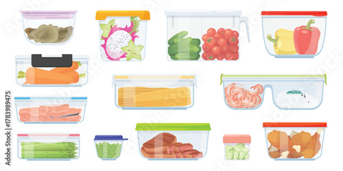 Plastic or glass lunch food storage containers set. Cooked meat and fish, fresh vegetable and fruit pieces for picnic, different prepared dinner leftovers collection cartoon vector illustration