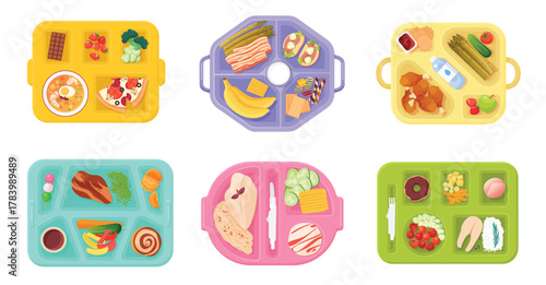 School lunch boxes with food, plastic trays with delicious meal set. Top view of open plates with breakfast or dinner dishes and desserts, healthy nutrition collection cartoon vector illustration