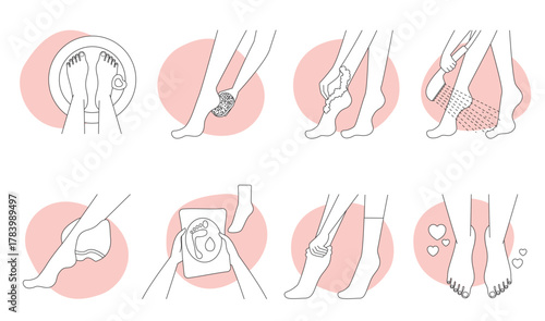 Foot care thin line icons set vector illustration. Outline skincare infographic collection of pedicure spa procedures, girls peel heels with pumice stone or peeling socks, apply depilatory cream