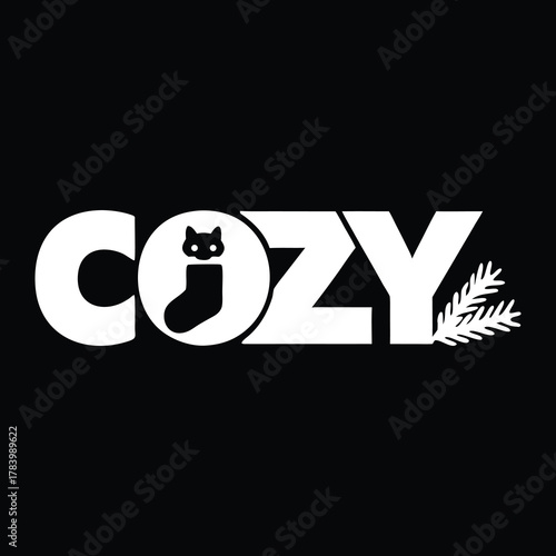 Cozy holiday typography with cat sock and pine branch