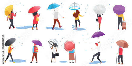 People with umbrellas set, back view. Male and female pedestrians holding parasol, young and elderly characters walking in rain through puddles, carrying bag and suitcase cartoon vector illustration