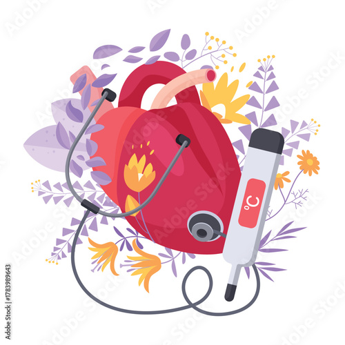 Heart health care, diagnosis of cardiovascular diseases in cardiology. Human heart in blooming flowers with stethoscope and digital thermometer for doctors examination cartoon vector illustration