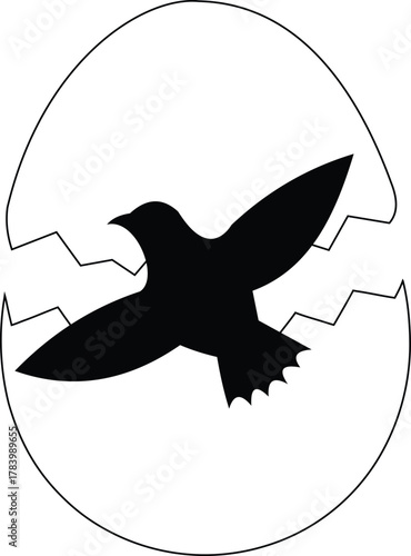 Bird hatching from cracked egg silhouette, new life concept