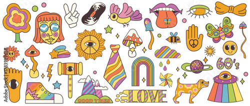 Groovy cartoon psychedelic stickers set. Funny retro flower and disco ball, footprint with eye and landscape with Good vibe slogan, hippie girl and peace sign, funky mushroom vector illustration