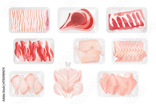 Raw meat in white plastic containers set. Top view of chilled whole chicken and cut in wings or legs, drumsticks and fillet without skin, beef steaks and ribs, bacon cartoon vector illustration