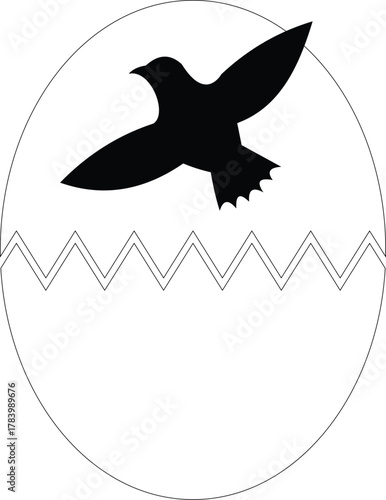 Hatching bird silhouette flying from cracked eggshell