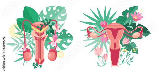 Female and male reproductive systems in anatomy diagram with flowers and plants set. Healthy genitals of man and woman with floral decorations, leaves and spring blossoms cartoon vector illustration