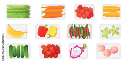 Fresh vegetables and fruit in plastic trays set. Top view of white styrofoam food packagings of rectangle and square shape with ripe fruit and vegetables collection cartoon vector illustration