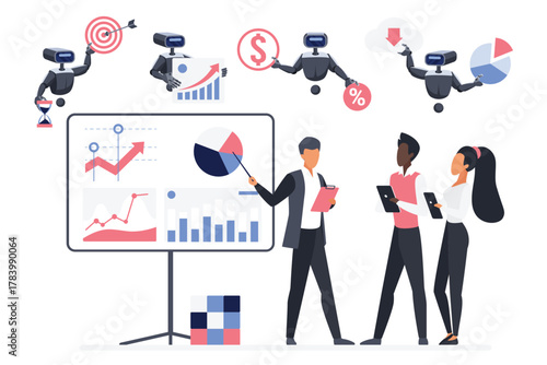 Business analysis with AI assistant support, marketing data analytics in chatbot. Team of tiny people using artificial intelligence tools, advanced robots work with charts cartoon vector illustration