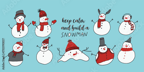 Playful vector illustrations of snowmen with funny winter quotes and sarcastic sayings. Perfect for holiday cards, T-shirts, mugs, posters, and seasonal designs.