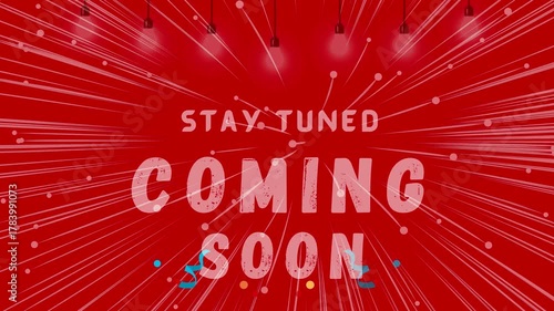 Energetic Coming Soon Red Reveal Animation with Hanging Bulbs and Radial Burst