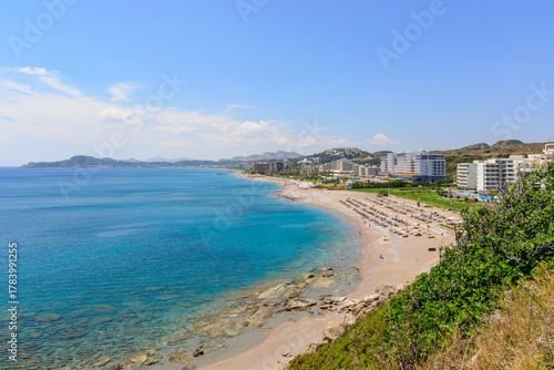 Faliraki beach, the most highly organized beach on Rhodes, Dodecanese, Greece