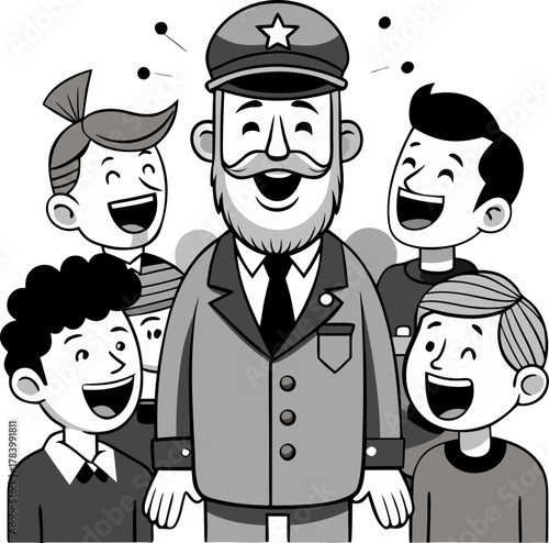   Veteran telling jokes with friends at parade, flat vector, Vector line art icon, Black And White  white background

