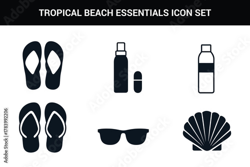 Tropical beach essentials line art icon set illustration on a white background
