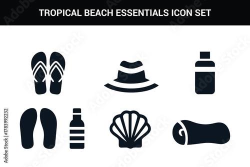 Tropical beach essentials line art icon set illustration on a white background
