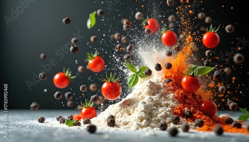Fototapeta Naklejka Na Ścianę i Meble -  Fresh red tomatoes, green basil leaves, black pepper float, fall onto white flour, red spice powder. Ingredients fly in air, creating dynamic culinary scene. Vibrant food prep shows healthy cooking