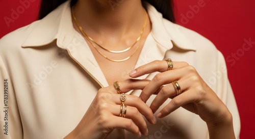 Stylish woman with a luxury gold jewelry collection. Close up of manicured hands with multiple rings. Layered gold chain necklace detail. Fashion accessories for a modern lifestyle concept