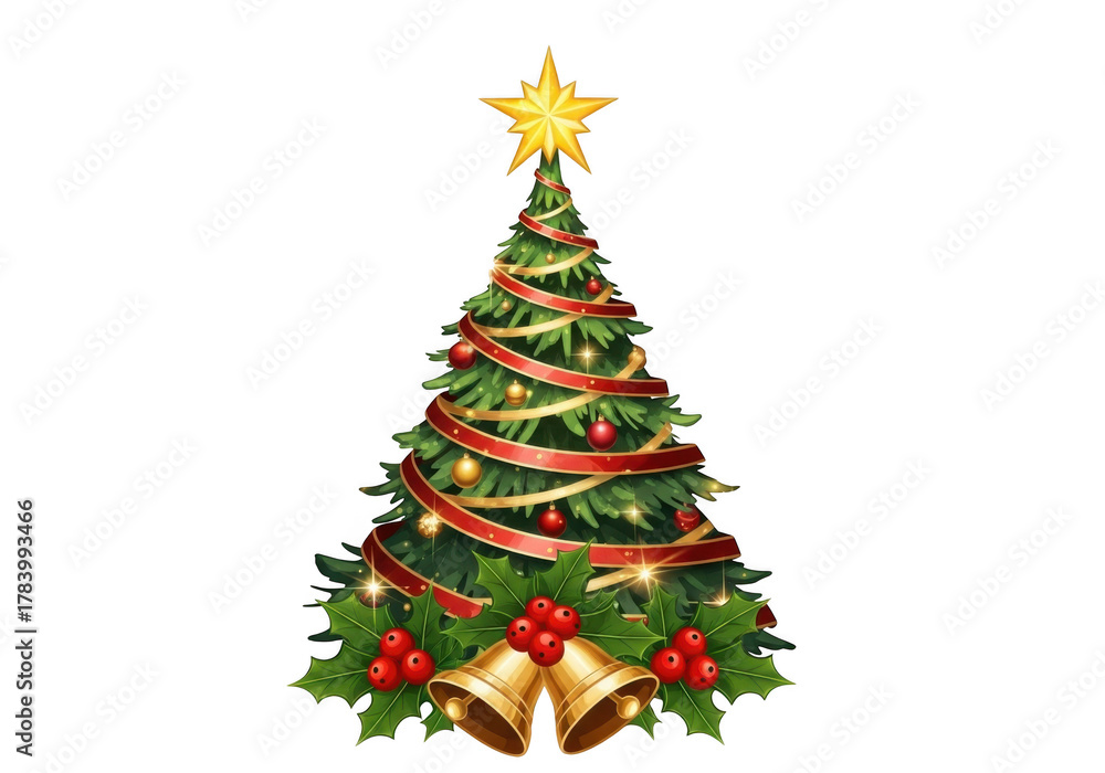 Naklejka premium Festive christmas tree with star, ribbon, and bells isolated on transparent background