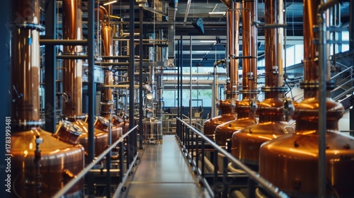 A modern distillery interior with copper stills and large fermentation tanks. Bright natural light illuminates the industrial space.