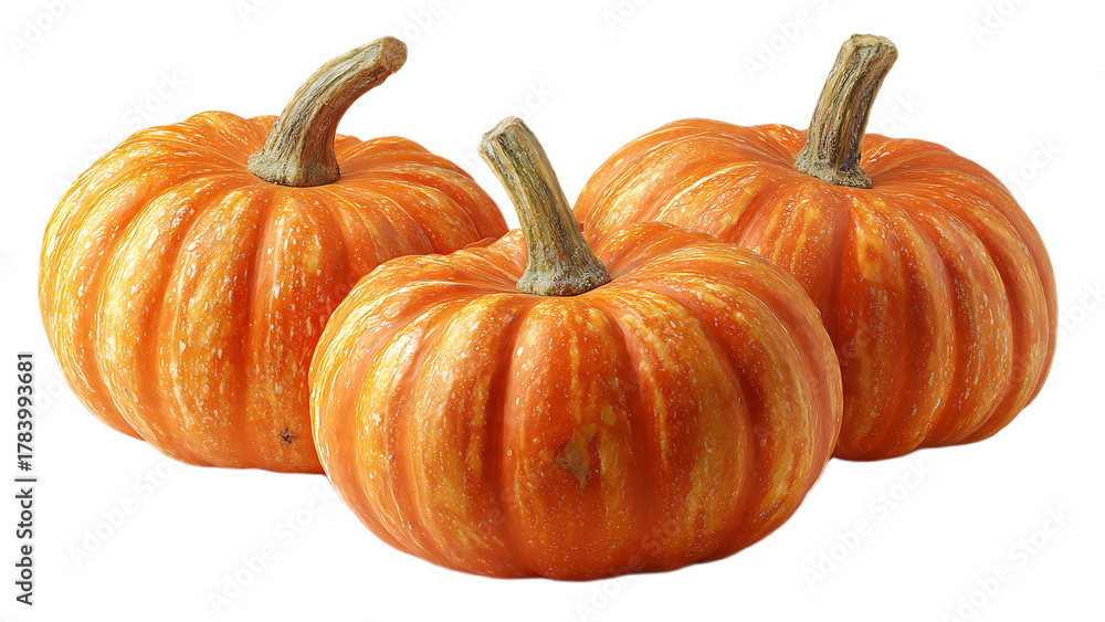Obraz premium Three orange pumpkins with stems arranged in a group on a black background in a close up shot