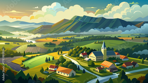 Very beautiful aerial view of Egremont, Massachusetts, USA, featuring a small valley draped in clouds after the rain, with lush green hills, misty atmosphere, and a realistic serene New England landsc