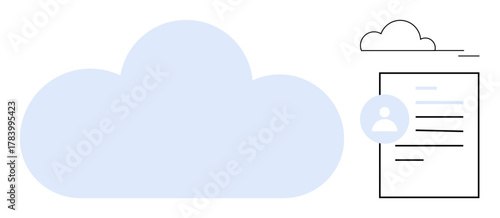 Blue cloud alongside a document featuring a user profile icon and minimal lines. Ideal for data storage, user management, online profiles, cloud technology, document access, digital identity, simple