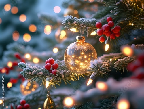 Christmas Tree Branch with Warm Lights, Glass Ornaments and Festive Bokeh