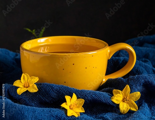 A yellow mug filled with tea sits on blue cloth, with flowers