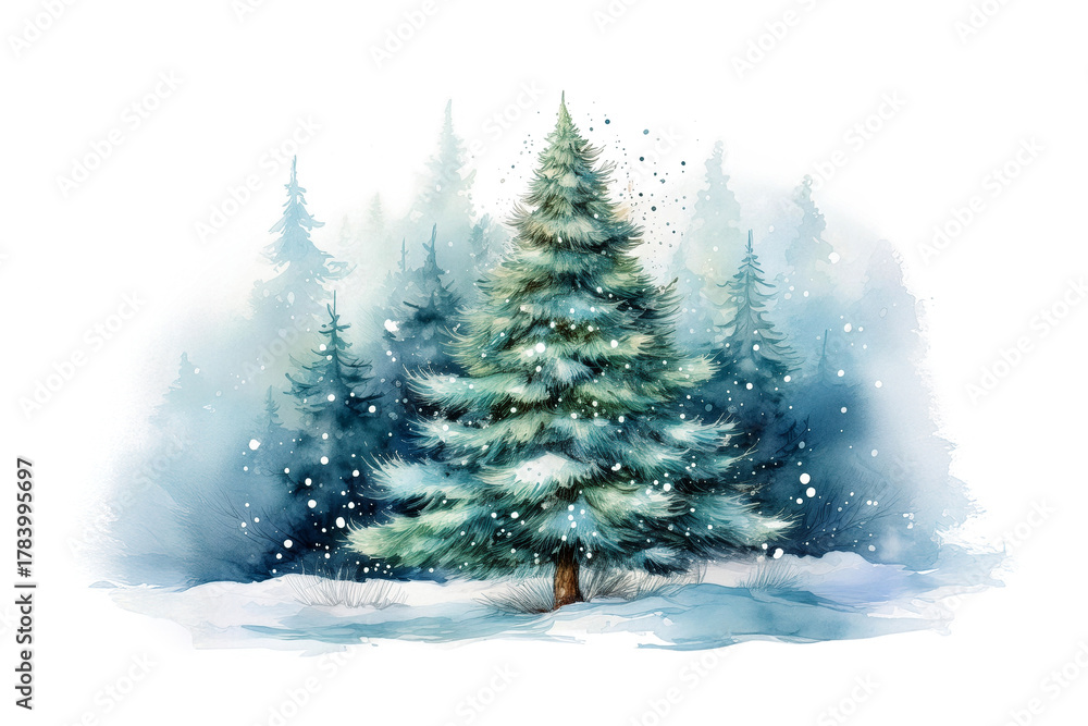 Fototapeta premium Watercolor Snow Covered Christmas Tree In Winter Forest
