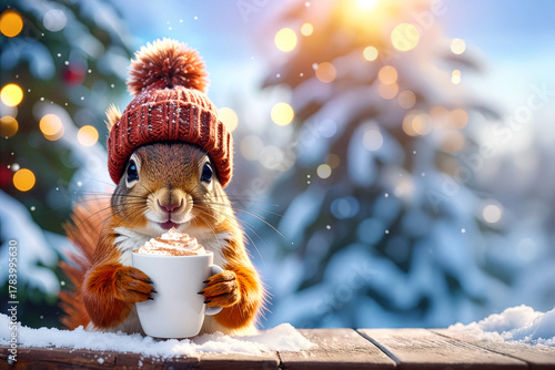 Cheerful Squirrel With Knitted Hat Drinking Cappuccino On Wooden Table Against Christmas Tree In Winter Forest
