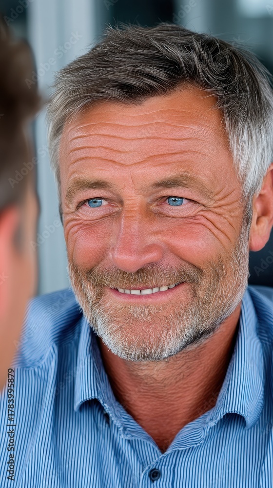 Obraz premium An older Caucasian man with gray hair and blue eyes smiles at another person who is out of view. He wears a blue striped shirt and appears to be engaged in conversation