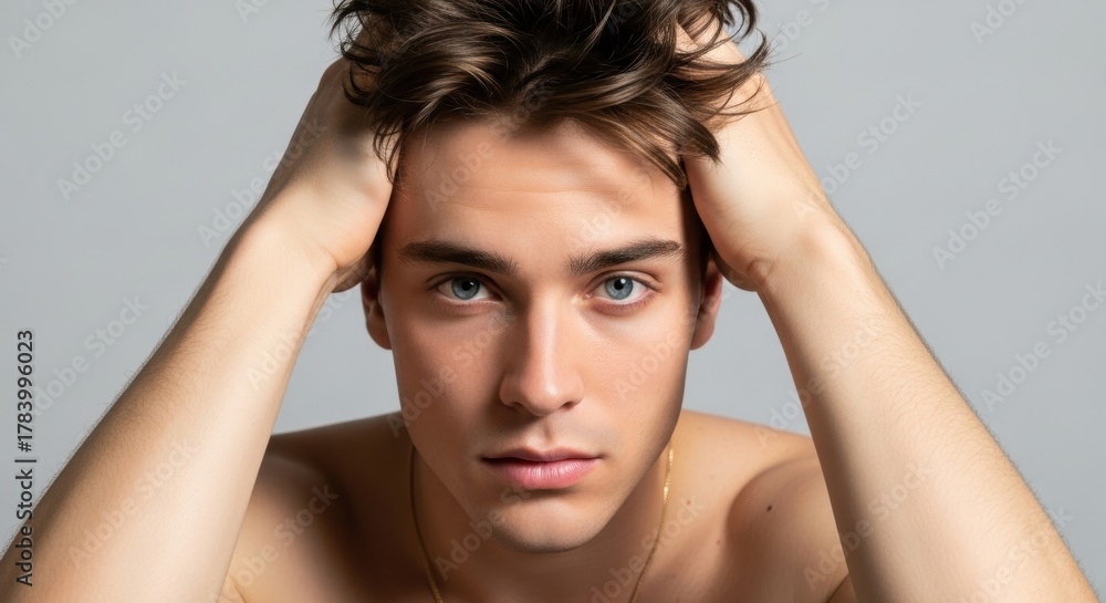Fototapeta premium Handsome young Caucasian man with intense blue eyes. Men's grooming and skincare concept. Studio portrait for male beauty advertising. Healthy hair and perfect skin routine