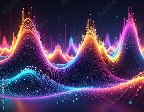 Abstract digital illustration featuring colorful waveforms and particles
