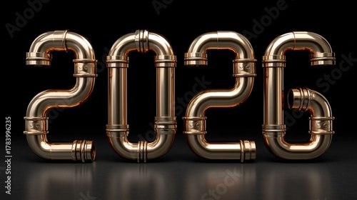 Industrial New Year 2026 sign made of shiny copper pipes in steampunk style on black background