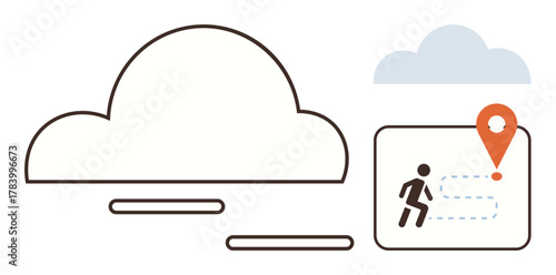 Cloud outline with a screen featuring a route map, human figure walking, and location pin. Ideal for navigation, cloud services, travel, goal setting, mobility connectivity journey planning. Simple