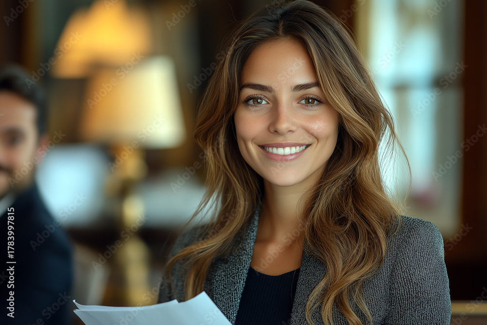 Naklejka premium Portrait of a woman smiling holding some documents