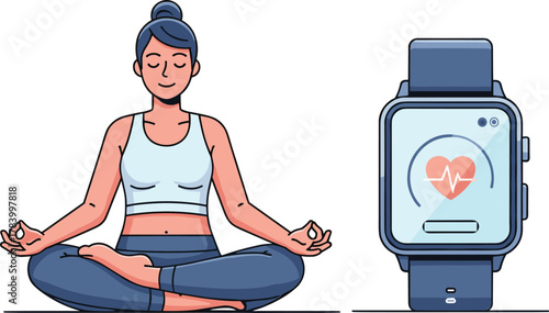 Meditation pose with smartwatch cartoon illustration, symbolic digital wellness and expressive mindfulness tracking artwork for design