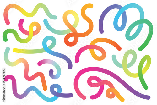 Spiral and wavy marker lines icon set with gradient mix of colors. Funny quirky sketch collection of various shapes, dynamic swirl decoration design element with twist and waves vector illustration