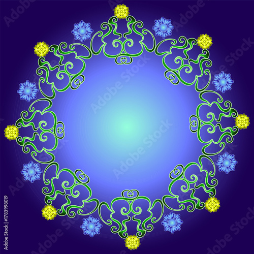 Round frame with a floral pattern of yellow and blue flowers on a blue background