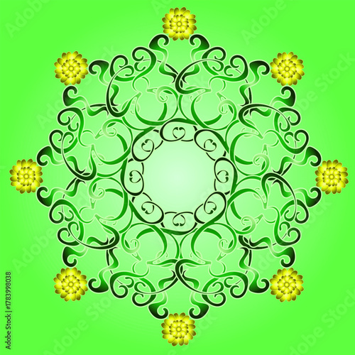 Round floral pattern decorated with yellow flowers on a green background